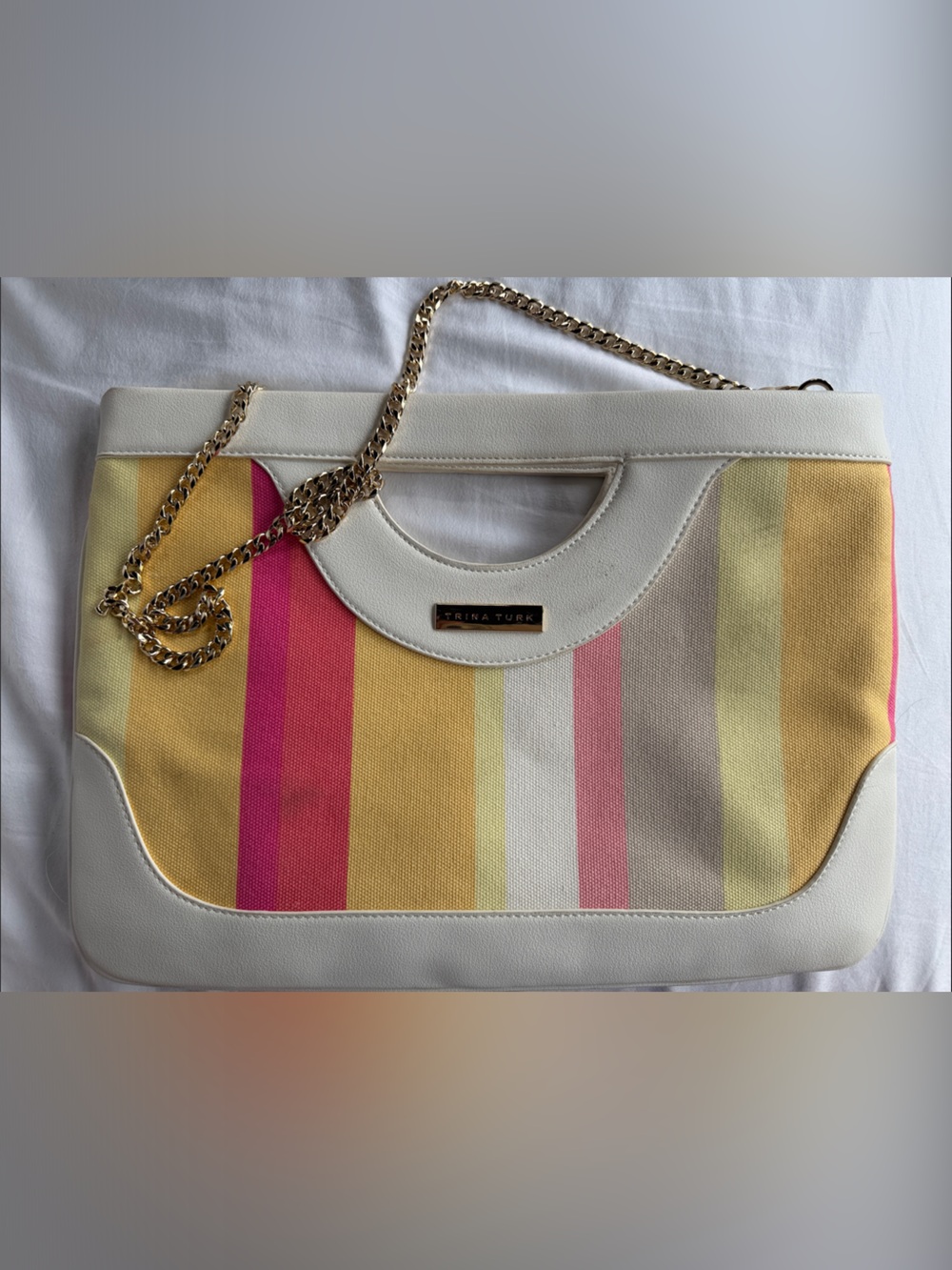 Trina Turk Solaire Stripe Canvas Clutch with Gold Chain Strap